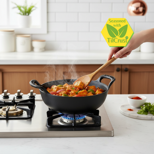 Trilonium Triple Seasoned Cast Iron CrockWok Mini Kadhai 20 cms, 1.2 kgs