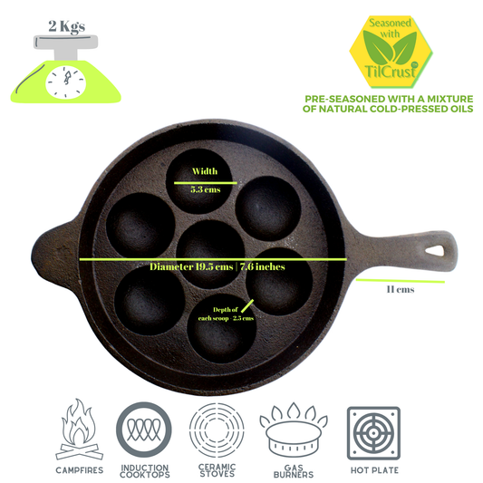 Cast Iron Paniyarakkal | Paniyaram Pan 7 Pits | Pre-Seasoned | 7.6 Inches | 2 Kgs | Long Handle