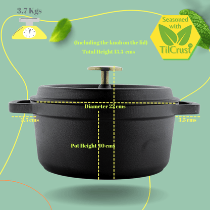 Trilonium Pre-Seasoned Cast Iron Dutch Oven Pot, Casserole, Biryani Pot, Cooking Pot, 22cm, 3 Litres, 3.7 Kgs