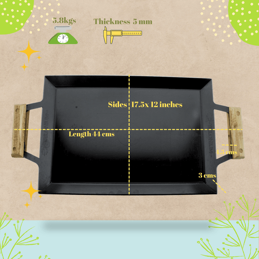 Trilonium Triple Seasoned Iron Rudra Multi Purpose Rectangular Griddle Tawa 44 x 30 cms with Wooden Handles