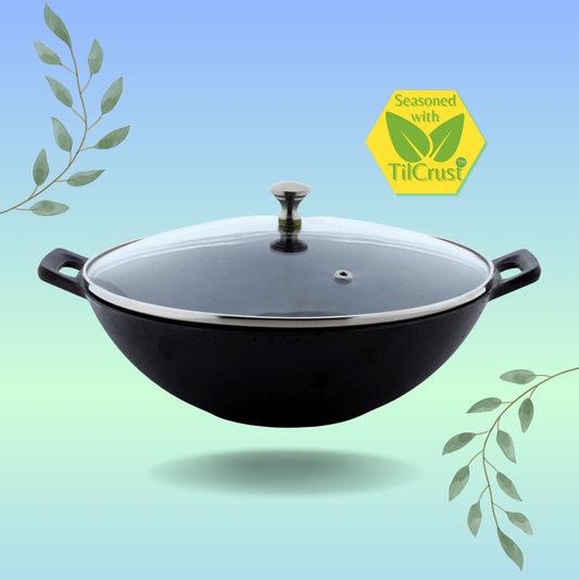 Cast Iron Kadai | Sleek Pre-Seasoned | Sleek | 24 cms | 2 Kgs | With Lid | Induction Compatible