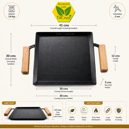 Trilonium Tejas Triple Seasoned Iron Tawa Square – 30x30 cm, Weighs 3.8 Kgs | Toxin-Free, Lifetime Warranty