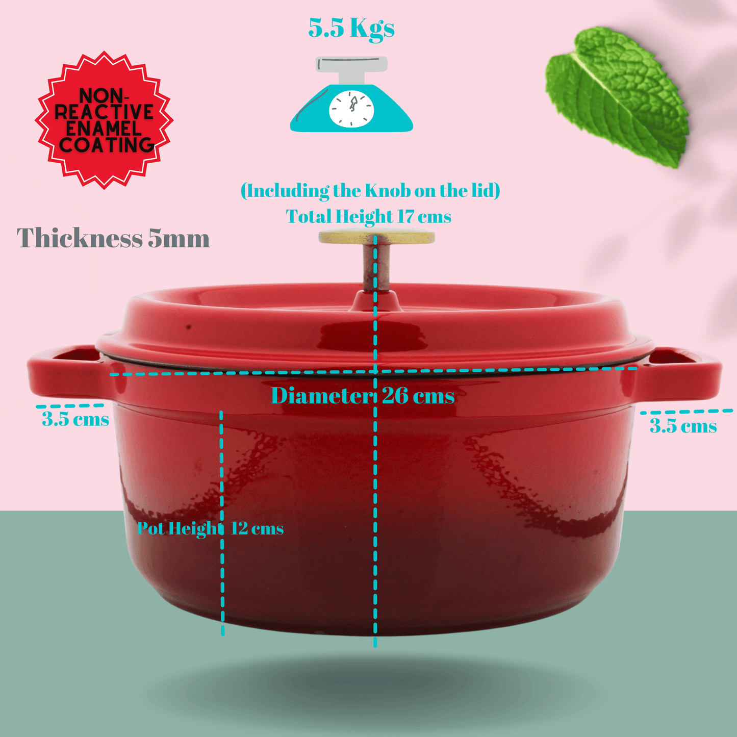 Trilonium Enamel Cast Iron Dutch Oven Biryani Pot 26 cms, 5.2L, 5.5 Kgs