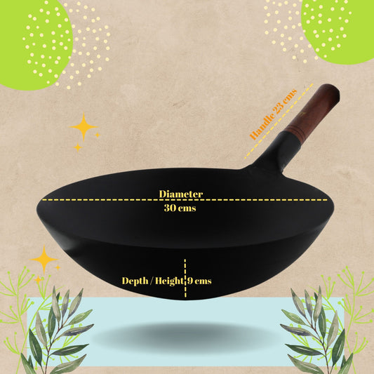 Trilonium Pre-Seasoned Carbon Steel Commercial Wok 30 cm, 1.5 kgs