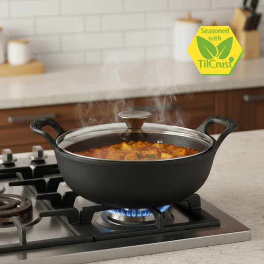 Trilonium Triple Seasoned Cast Iron CrockWok Kadhai 24 cms, 2.2 kgs with Lid