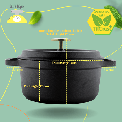 Trilonium Pre-Seasoned Cast Iron Dutch Oven Pot, Casserole, Biryani Pot, Cooking Pot, 26cm