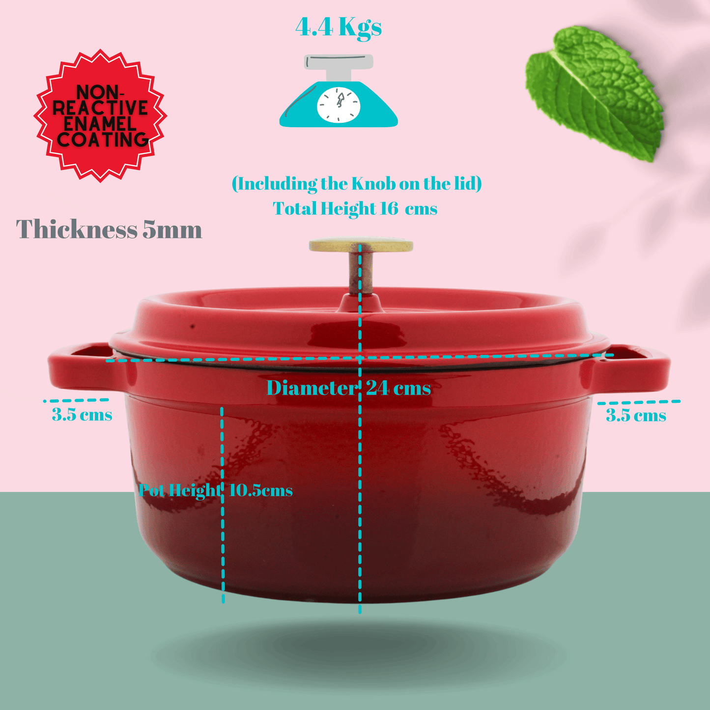 Trilonium Enamel Cast Iron Dutch Oven Biryani Pot 24 cms, 4.2L, 4.4 Kgs