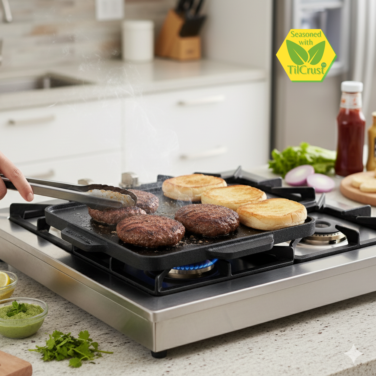 Trilonium Triple-Seasoned Cast Iron Square Reversible Grill Griddle Tawa 10.5 inches