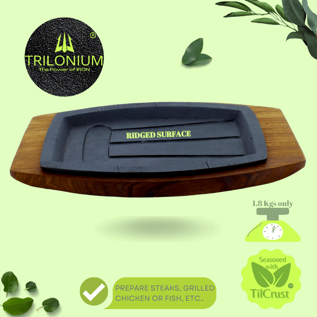 Cast Iron Continental Sizzler Platter Plate | Pre-Seasoned | 29cms X 17cms | Rectangular | With Wooden base