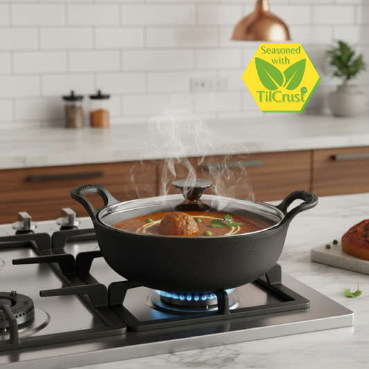 Trilonium Triple Seasoned Cast Iron CrockWok Mini Kadhai 20 cms, 1.2 kgs with Lid