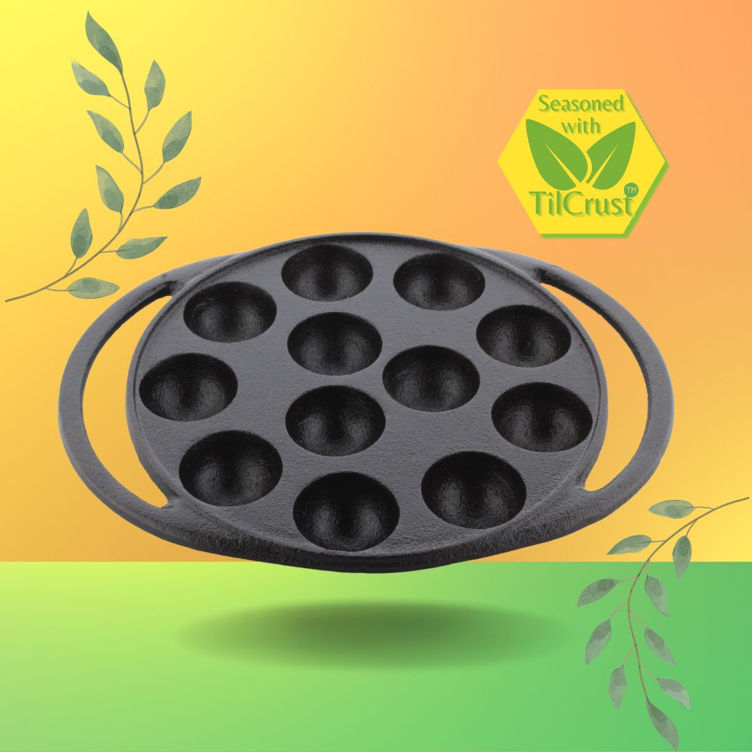 Trilonium Triple Seasoned Cast Iron Paddu tawa | Paniyarakkal | Paniyaram Pan 12 Pits | 2 Kgs