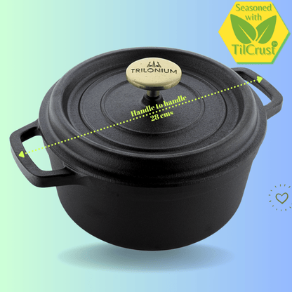 Trilonium Pre-Seasoned Cast Iron Dutch Oven Pot, Casserole, Biryani Pot, Cooking Pot, 22cm, 3 Litres, 3.7 Kgs