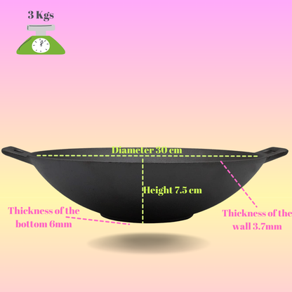 Trilonium Pre-Seasoned Cast Iron Kadai with lid, Sleek 3.5 Ltrs,  Diameter 30cms, 3 kgs