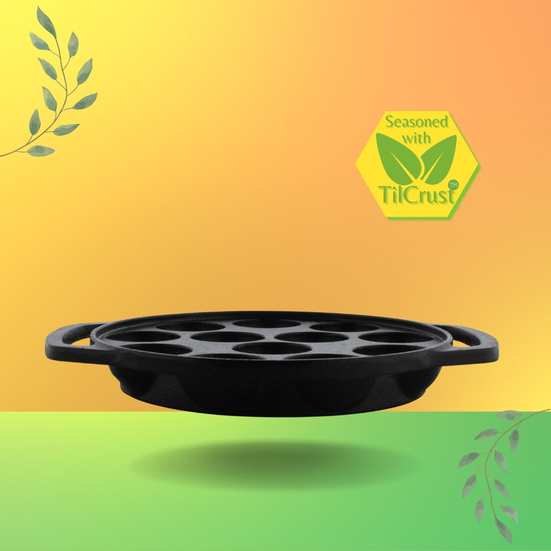 Trilonium Triple Seasoned Cast Iron 12 Pits Paniyaram Pan 8 inches