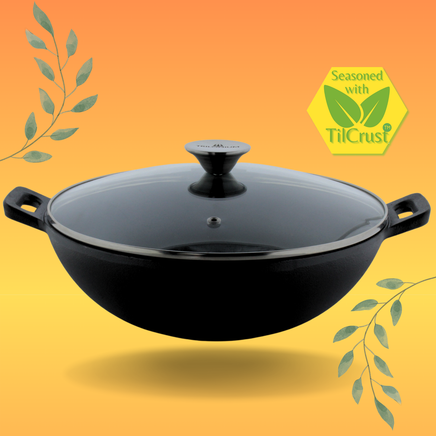 Trilonium Triple Seasoned Cast Iron Kadai 26 cm, Sleek, Capacity 3 Litres , With Toughened Glass Lid, Weighs 2.4 kgs