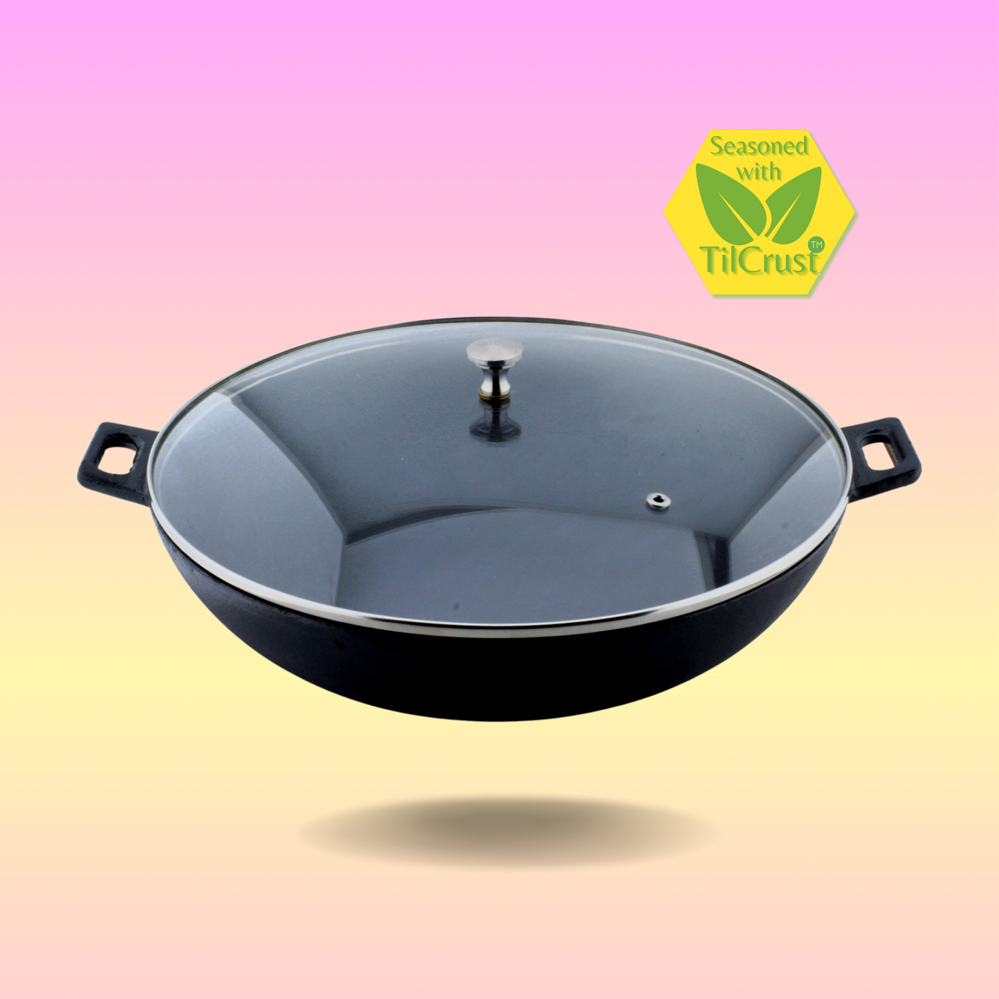 Trilonium Pre-Seasoned Cast Iron Kadai with lid, Sleek 3.5 Ltrs,  Diameter 30cms, 3 kgs