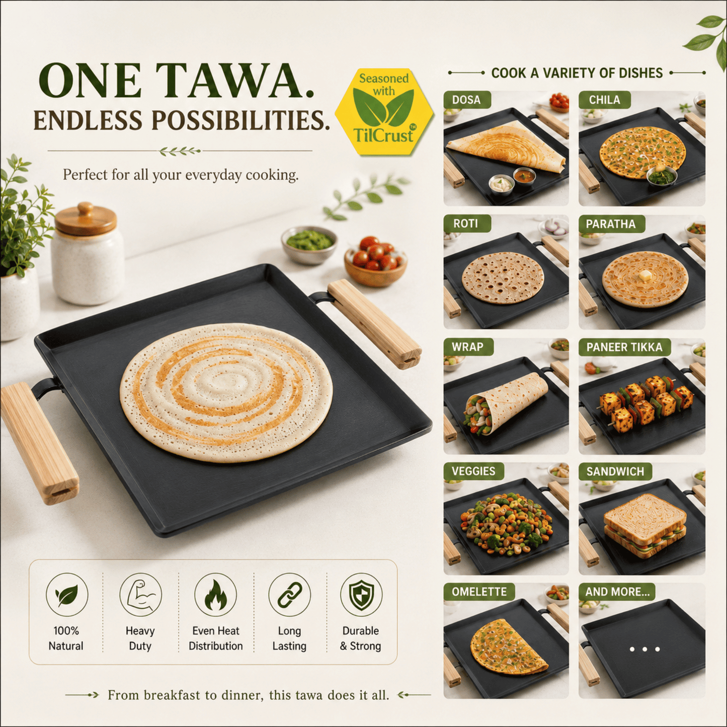 Trilonium Tejas Triple Seasoned Iron Tawa Square – 28x28 cm, Weighs 3.5 Kgs | Toxin-Free, Lifetime Warranty