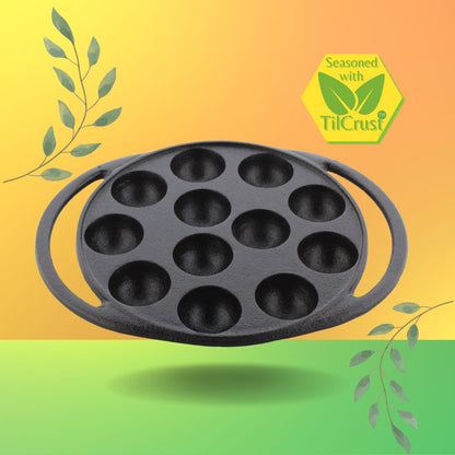 Trilonium Triple Seasoned Cast Iron Paddu | Paniyarakkal | Paniyaram Pan 12 Pits with Lid | 2 Kgs