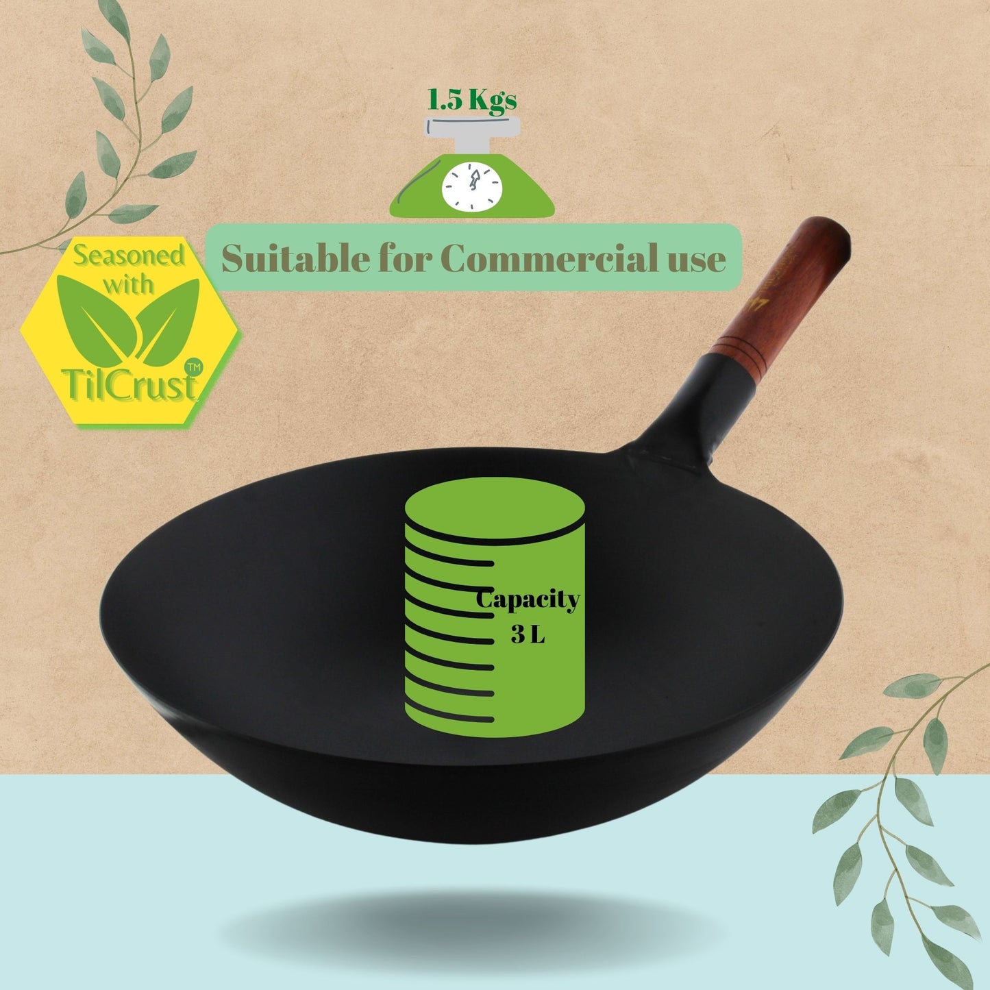 Trilonium Pre-Seasoned Carbon Steel Commercial Wok 30 cm, 1.5 kgs