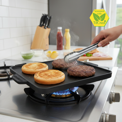 Trilonium Triple-Seasoned Cast Iron Square Reversible Grill Griddle Tawa 10.5 inches