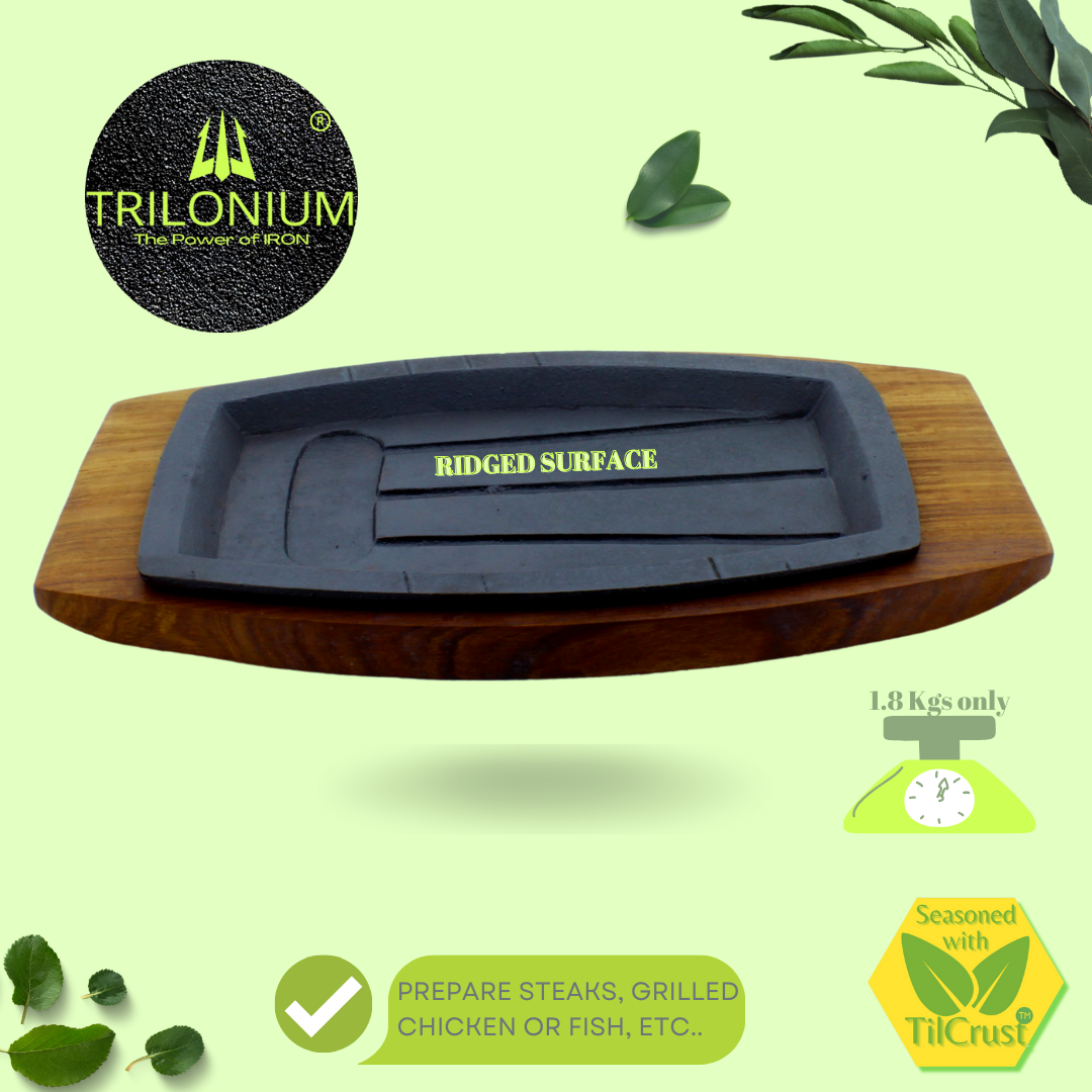 Trilonium Pre-Seasoned Cast Iron Continental Sizzler Platter Plate | Pre-Seasoned | 29cms X 17cms | Rectangular | With Wooden base