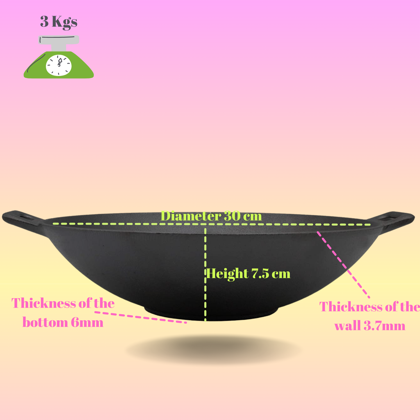 Cast Iron Kadai | Sleek Pre-Seasoned | Capacity 3.5Litres | Diameter 30cm / 12 inches | 2.8 Kgs | Induction Compatible