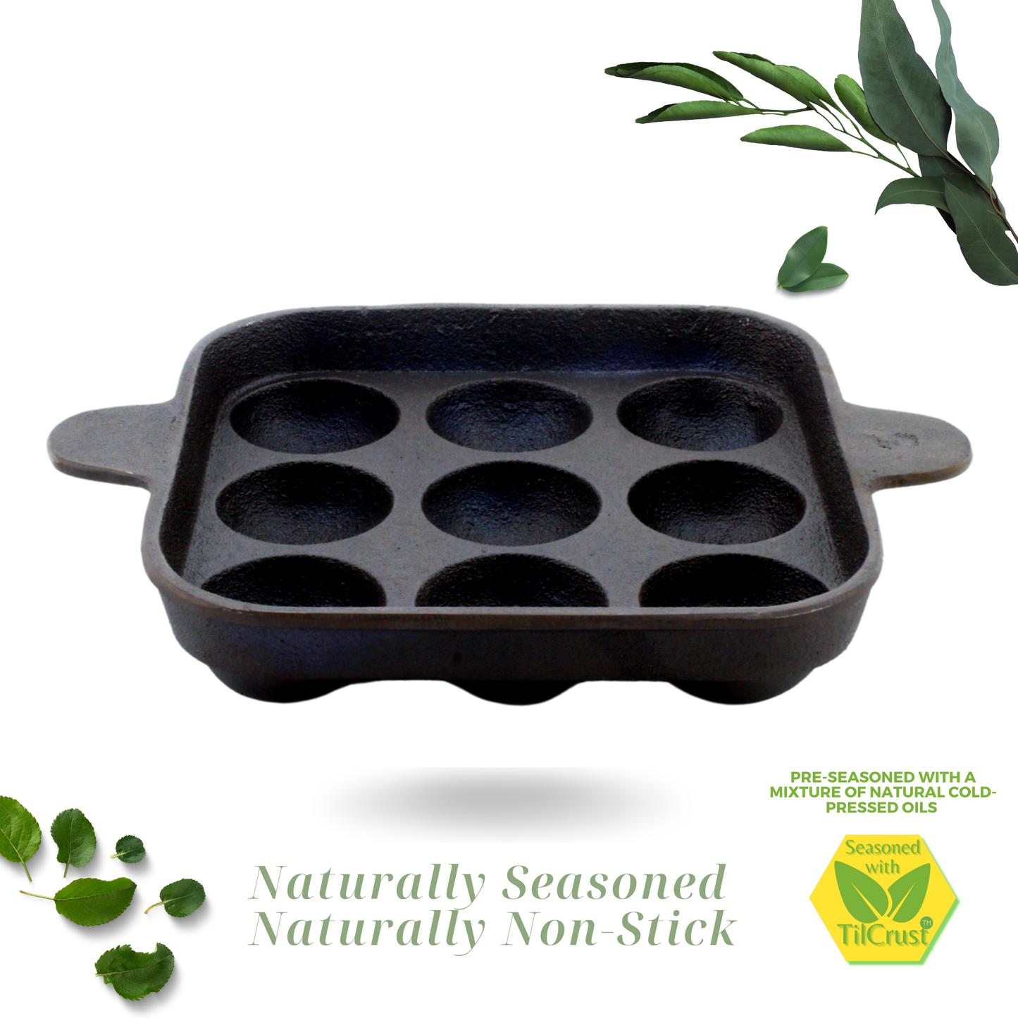 Cast Iron Paniyarakkal 9 Pits | Paniyaram Pan | Pre-Seasoned | 18cm | 1.36 Kgs | Square