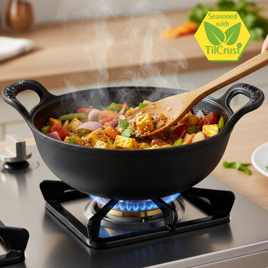 Trilonium Triple Seasoned Cast Iron CrockWok Kadhai 30 cms, 3.7 kgs