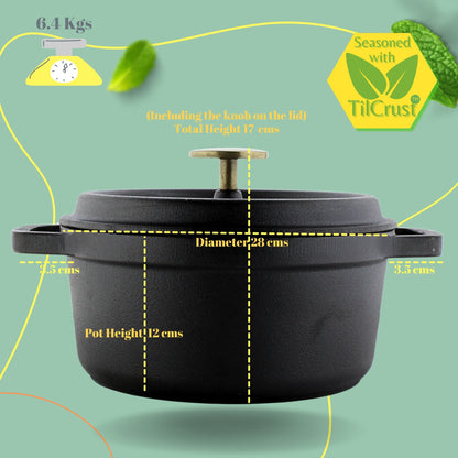 Trilonium Pre-Seasoned Cast Iron Dutch Oven Pot, Casserole, Biryani Pot, Cooking Pot, 28cm