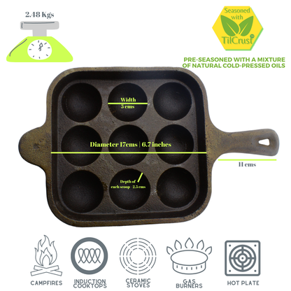 Cast Iron Paniyarakkal | Paniyaram Pan 9 Pits | Pre-Seasoned | 17cm | 2.48 Kgs | Long Handle | Square