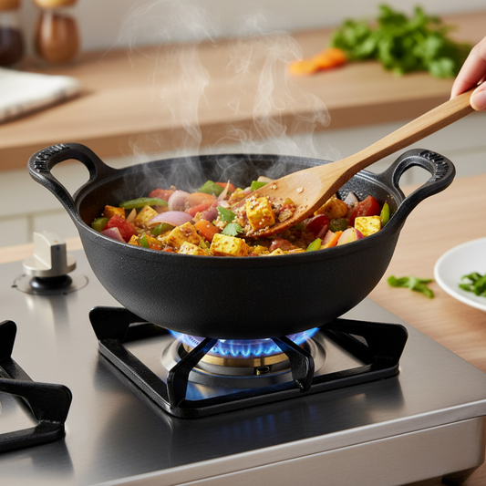 Trilonium Triple Seasoned Cast Iron CrockWok Kadhai 26 cms, 3 Litres, 2.5 Kgs