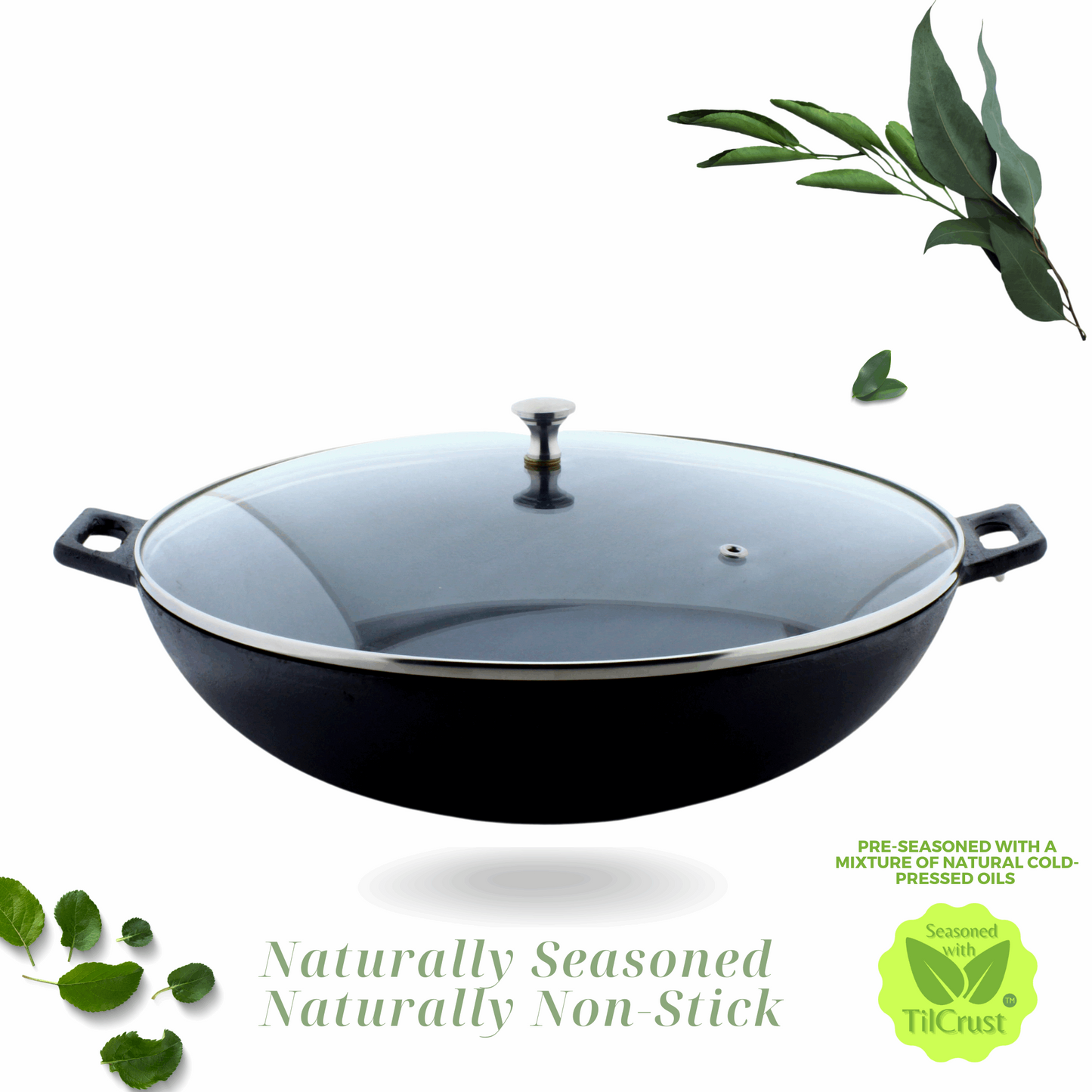 Cast Iron Kadai with lid | Sleek Pre-Seasoned | Capacity 3.5 Ltrs | Diameter 30cms | 12 inches | 2.8 Kgs | Induction Compatible