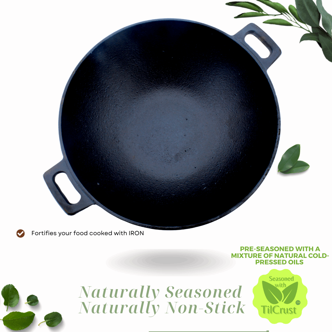 Cast Iron Kadai | Sleek Pre-Seasoned | Sleek | 24 cms | 2 Kgs | With Lid | Induction Compatible