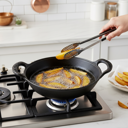 Trilonium Triple Seasoned Cast Iron CrockWok Kadhai 24 cms, 2.2 kgs with Lid