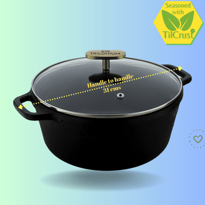 Trilonium Pre-Seasoned Cast Iron Dutch Pot, Casserole, Biryani Pot, Cooking Pot with Glass lid, 24cm, 3.5 Litres, 3.7 Kgs