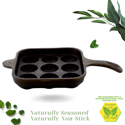 Cast Iron Paniyarakkal | Paniyaram Pan 9 Pits | Pre-Seasoned | 17cm | 2.48 Kgs | Long Handle | Square