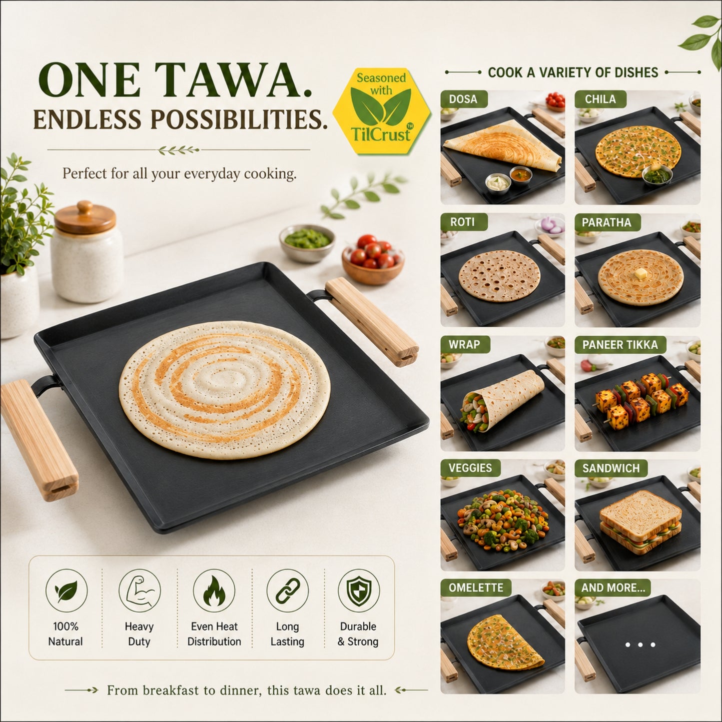 Trilonium Tejas Triple Seasoned Iron Tawa Square – 30x30 cm, Weighs 3.8 Kgs | Toxin-Free, Lifetime Warranty