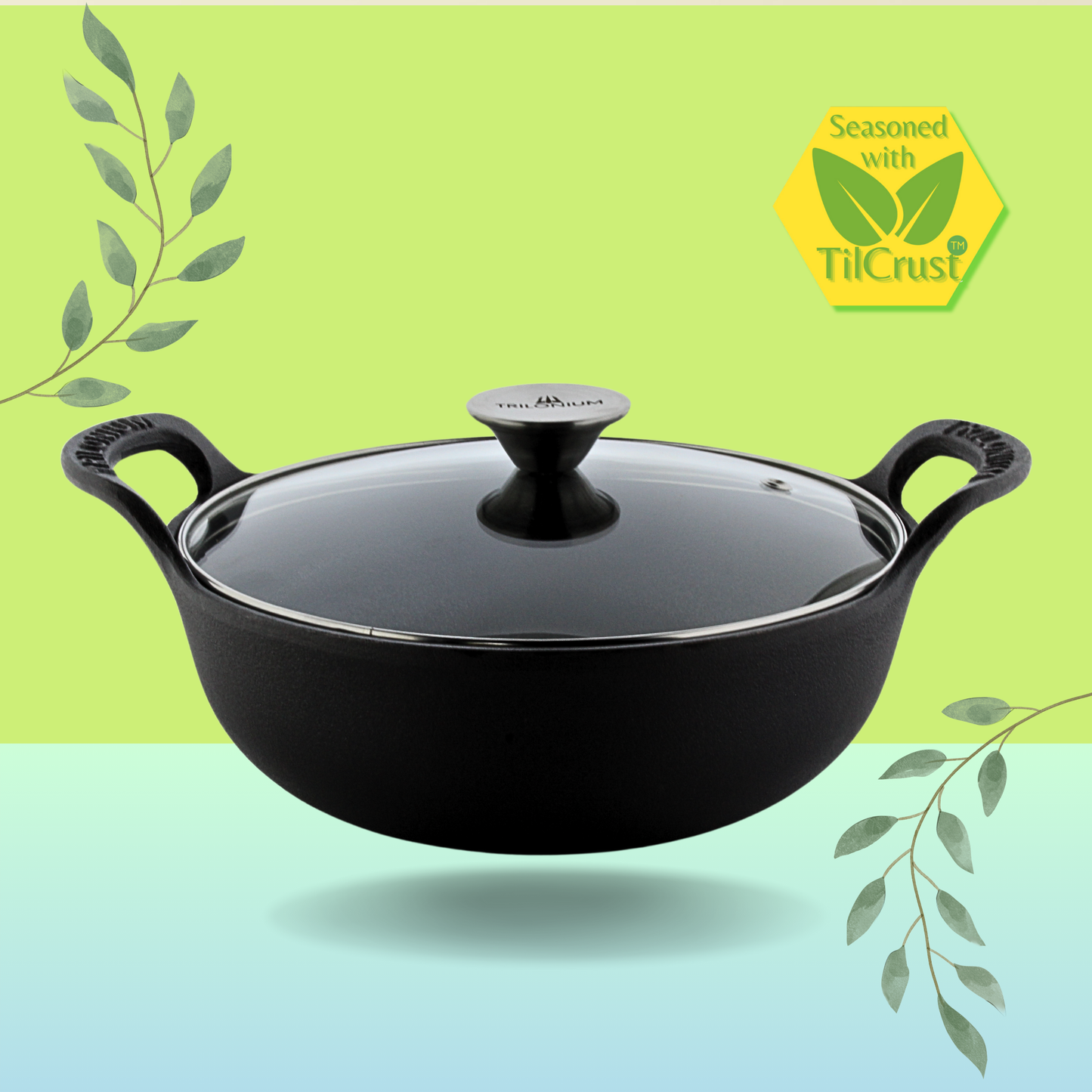 Trilonium Triple Seasoned Cast Iron CrockWok Kadhai 27 cms, 3 Litres, 2.5 Kgs with Lid