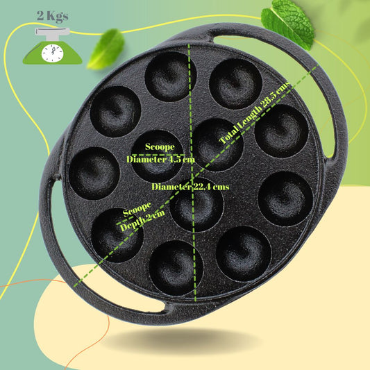 Trilonium Triple Seasoned Cast Iron Paddu | Paniyarakkal | Paniyaram Pan 12 Pits with Lid | 2 Kgs