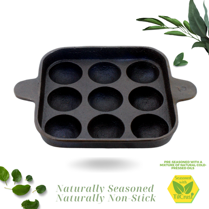 Cast Iron Paniyarakkal 9 Pits | Paniyaram Pan | Pre-Seasoned | 18cm | 1.36 Kgs | Square