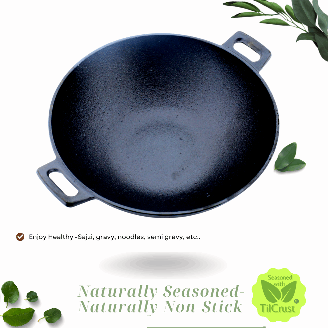 Cast Iron Kadai | Sleek Pre-Seasoned | Sleek | 24 cms | 2 Kgs | With Lid | Induction Compatible