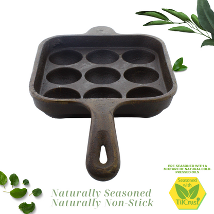 Cast Iron Paniyarakkal | Paniyaram Pan 9 Pits | Pre-Seasoned | 17cm | 2.48 Kgs | Long Handle | Square