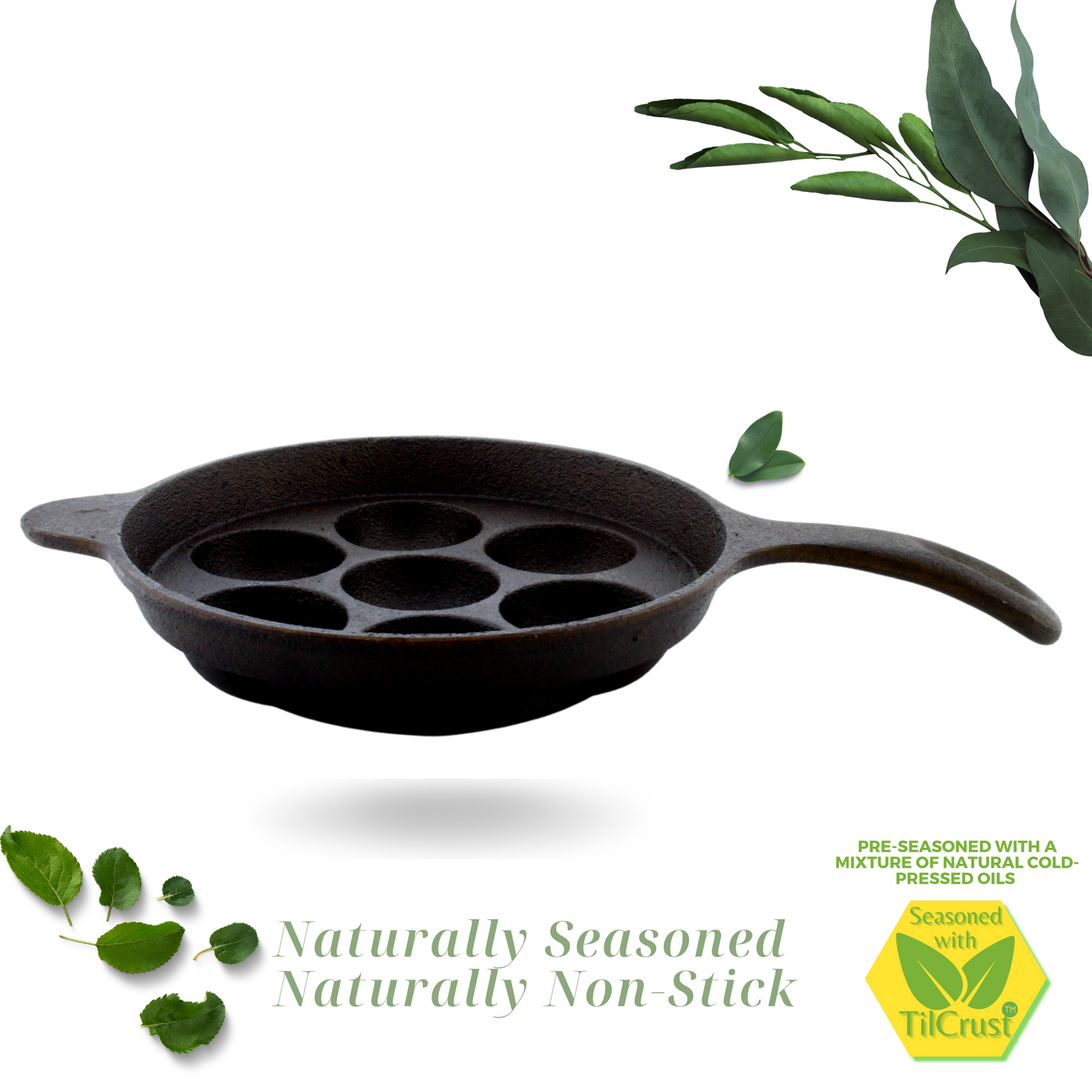 Cast Iron Paniyarakkal | Paniyaram Pan 7 Pits | Pre-Seasoned | 7.6 Inches | 2 Kgs | Long Handle