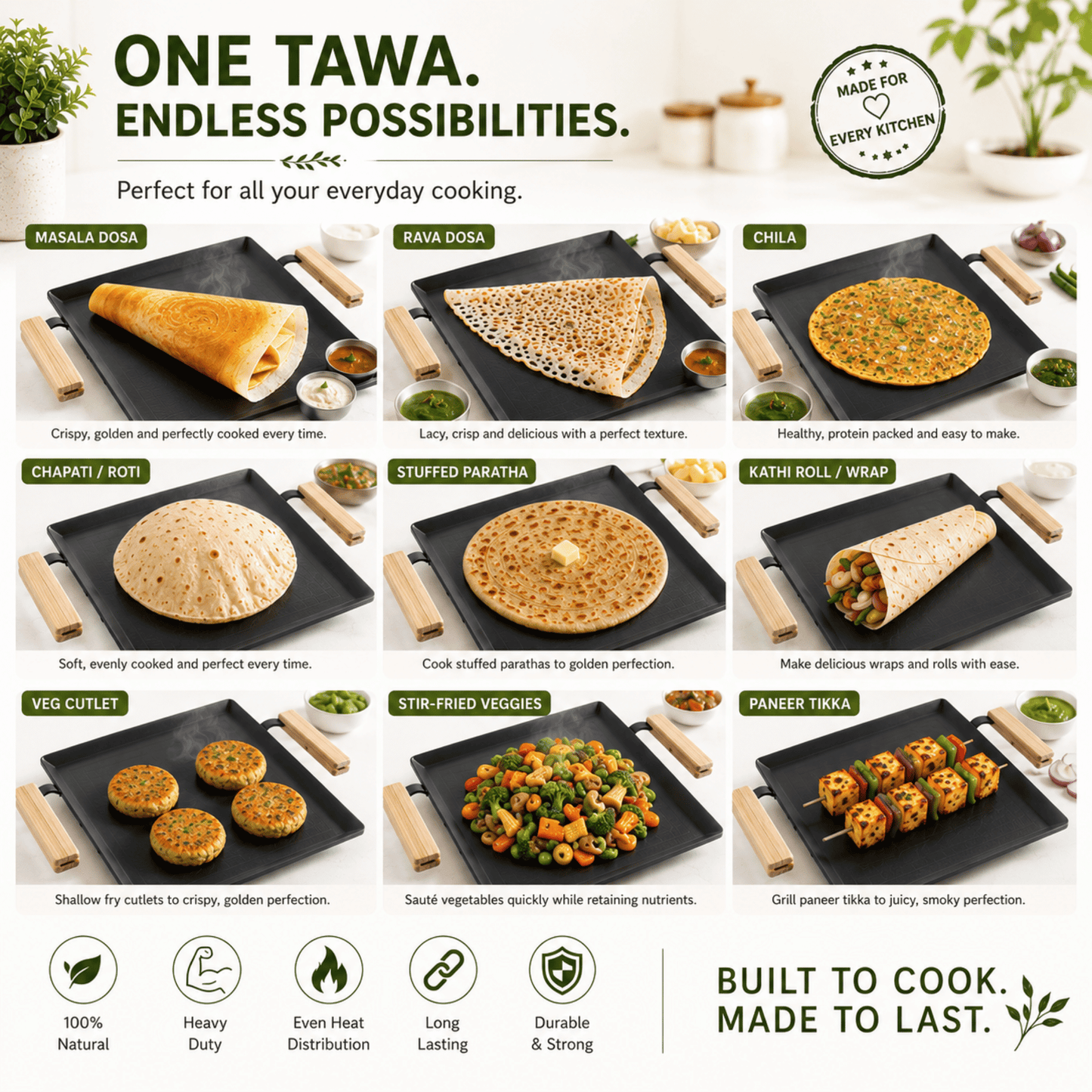 Trilonium Tejas Triple Seasoned Iron Tawa Square – 28x28 cm, Weighs 3.5 Kgs | Toxin-Free, Lifetime Warranty