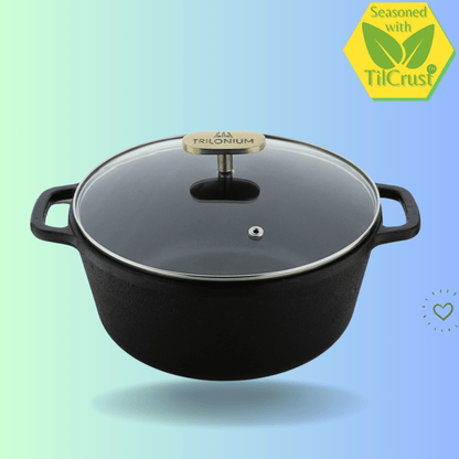 Trilonium Pre-Seasoned Cast Iron Dutch Pot, Casserole, Biryani Pot, Cooking Pot with Glass lid, 24cm, 3.5 Litres, 3.7 Kgs