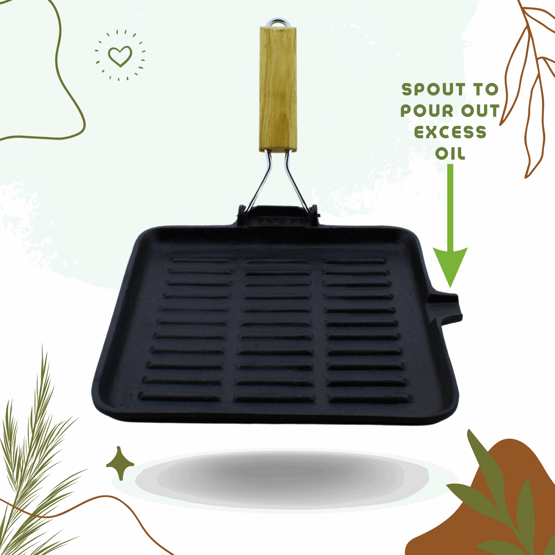 Cast Iron Grill Pan with Foldable Handle | Pre-Seasoned | 24cm | 1.5 Kgs | Square | Induction Compatible
