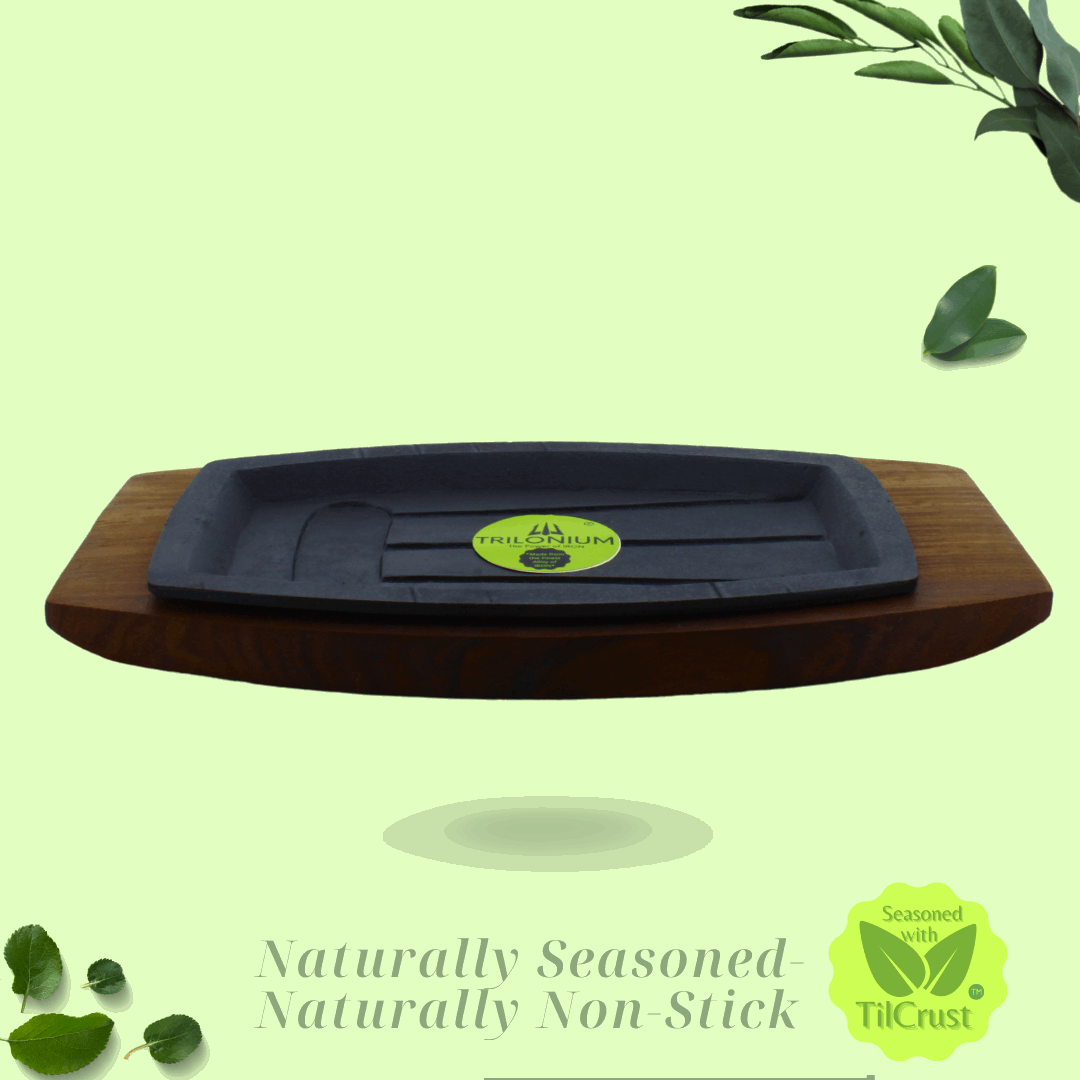 Cast Iron Continental Sizzler Platter Plate | Pre-Seasoned | 29cms X 17cms | Rectangular | With Wooden base