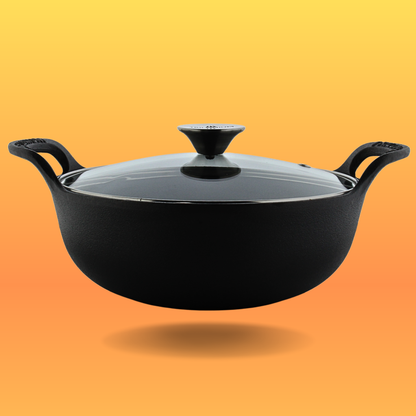 Trilonium Triple Seasoned Cast Iron CrockWok Kadhai 30 cms, 3.7 kgs With Lid