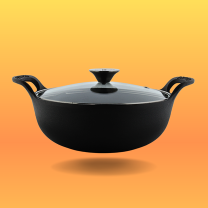 Trilonium Triple Seasoned Cast Iron CrockWok Kadhai 27 cms, 3 Litres, 2.5 Kgs with Lid