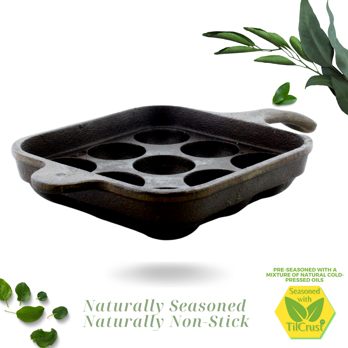 Cast Iron Paniyarakkal | Paniyaram Pan 9 Pits | Pre-Seasoned | 17cm | 2.48 Kgs | Long Handle | Square